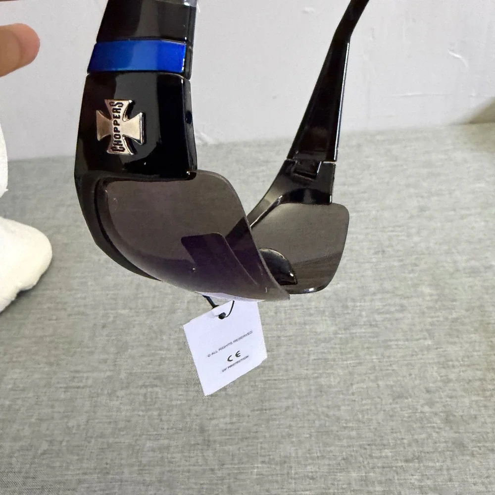 Choppers Sunglasses Men OS Black Gloss Blue Mirror Biker Wrap UV400 Cross Logo